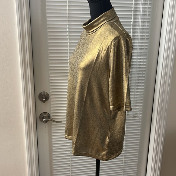 Lauren Lightweight Gold Metallic Elbow Length Sleeve Turtleneck Top - Picture 3 of 6